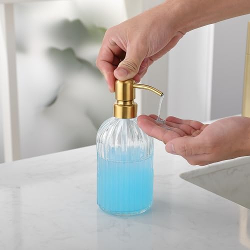 Image of Avola 16Oz Vertical Stripes Glass Soap Dispensers with Brushed Gold Rust Proof Pump, Refillable Bathroom Soap Dispenser for Hand soap, Lotion, Body Wash,Kitchen Soap Dispenser for Dish Soap
