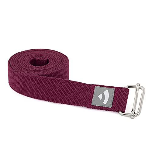 Bodhi ASANA Belt | Yogagurt aus 100% Baumwolle | Praktisches Yoga-Zubehör zur Dehnung | Yoga-Gurt mit Schiebeschnalle aus Metall | Anfänger & Fortgeschrittene | 250 x 3,8 cm | aubergine