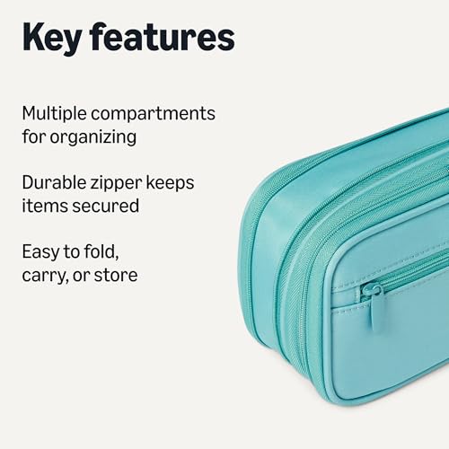 Image of Amazon Basics Large Capacity Pencil Case with Durable Zipper, Pencil Pouch for School Supplies and Stationery, Multi-Compartment, Easy to Carry, Cyan Mild