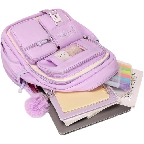 Image of MATMO Multi-Pocket Girls Boys School Backpack Kids Student Bookbag Travel Daypack (Purple with White)