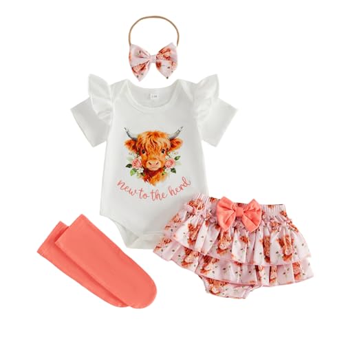 Ysfanwuxi New to the Herd Baby Girl Outfit Western Newborn Cowgirl Clothes Summer Highland Cow Onesie Romper Ruffle Shorts Set (White 0-3 Months)