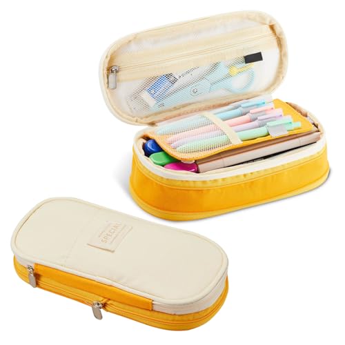 Image of Sonuimy Large Capacity Pencil Case Pouch with Zipper, Portable Aesthetic Cute Big Capacity Pencil Cases Pen Office Travel Stationery Makeup Bag, Desk Organizer for College Adults Women Men-Yellow