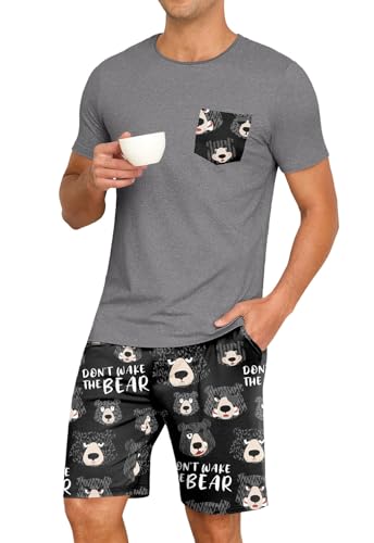 Image of PrinStory Mens Summer Pajamas Set Lightweight Pjs Sets Short Sleeve Pajama Shorts Set Soft Sleepwear Loungewear with Pockets