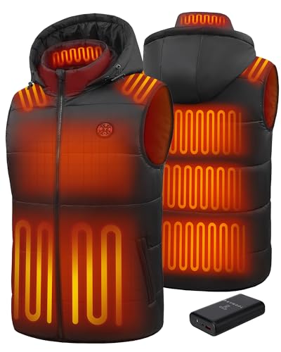 TODWARM Beheizbare Weste Herren mit Powerbank 16000 mAh, 15 Heizzonen Heizweste Herren Abnehmbarer Kapuze Wärmeweste mit Lichtaus Funktion für Camping Motorrad Jagen Angeln Schwarze XL