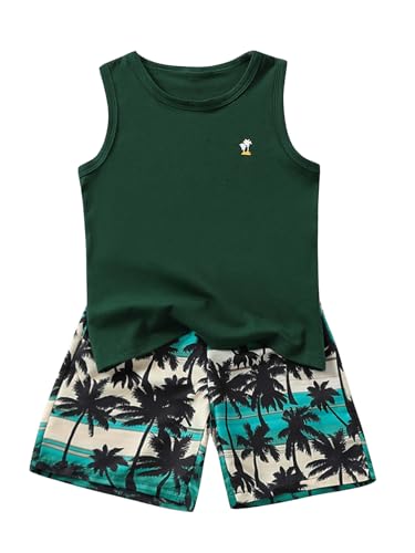 Image of GORGLITTER Boy's 2 Piece Summer Outfit Tropical Print Crewneck Tank Top Hawaiian Shorts Set Summer Beach Clothes Army Green 9-10Y