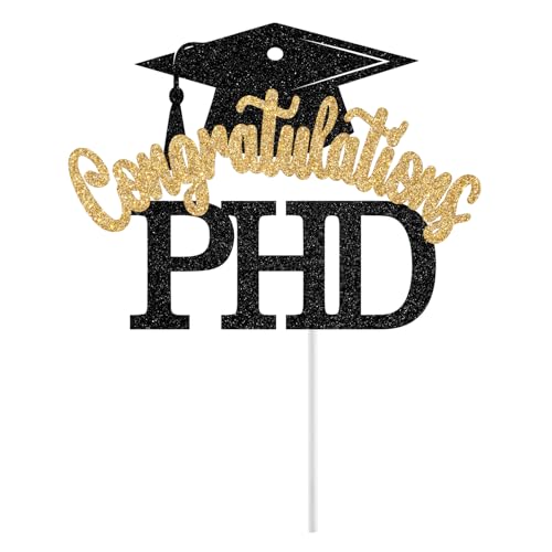 Congratulations PHD Cake Topper, PHD Graduation Cake Topper, Congrats PHD, Doctor DR PHD Graduation Party Decorations (Black and Gold Glitter)