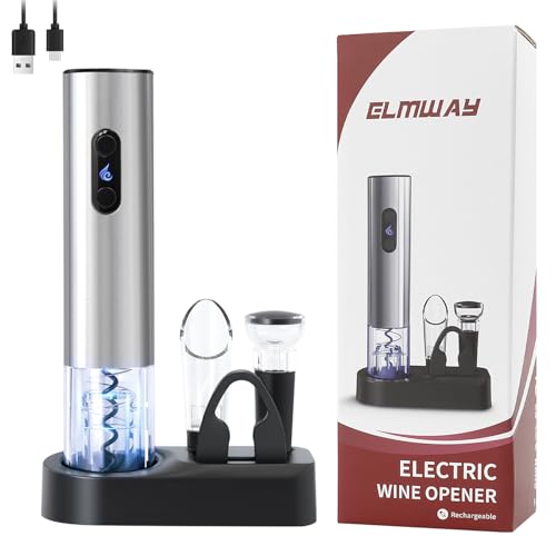 ELMWAY VinoLux Series Rechargeable Electric Wine Opener Set by ELMWAY – Electric Corkscrew with LED Lights, Foil Cutter, Wine Pourer, Vacuum Stopper & Base, Gift Set for Wine Lovers – Silver