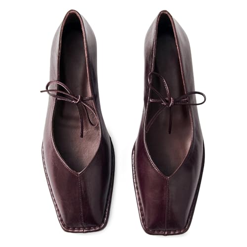 QIV Square Toe Mary Jane Ballet Flats for Women Lace up Slip on Work Flats with Bow Comfort Casual Dress Ballerina Shoes2