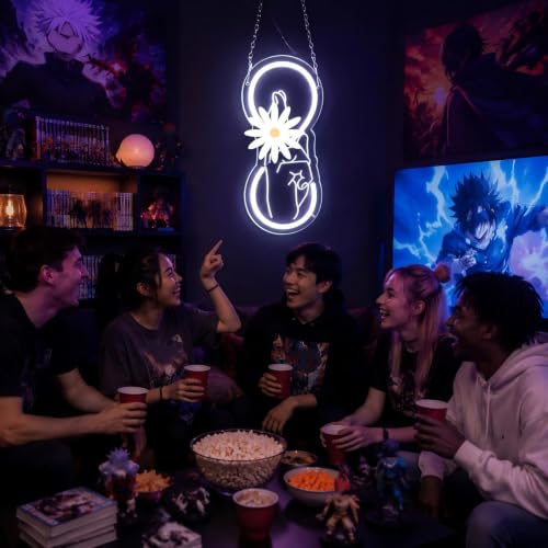 Image of Anime Neon Sign for Bedroom Wall Decor, Dimmable LED Light Art with Hanging Chain, White Minimalist Line Drawing Lamp for Dorm, Living Room, Bookcase, Trendy Gift