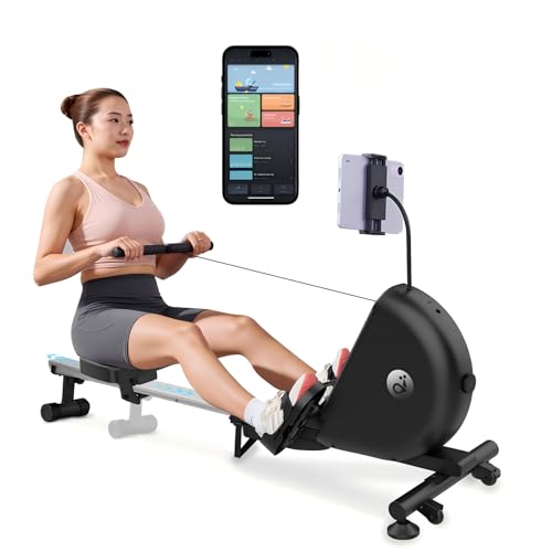 Rowing Machine for Home, Foldable Magnetic Rower with One-Touch Auto Fold, 16 Levels Resistance, Quiet Flywheel, Bluetooth Heart Rate, 300LB Capacity, Self-Powered, Easy Move & Space Saving