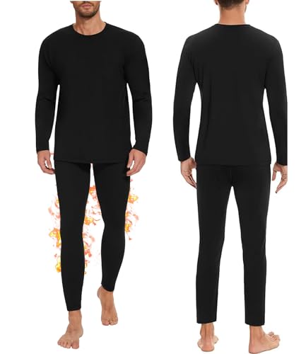 YOOJ Thermal Underwear Set for Men Johns with Fleece Lined Long Sleeve Shirt Legging Lounge Set Cold Weather Top Bottom Cycling Skiing Training Hiking Outdoor Sports (Black XXL)