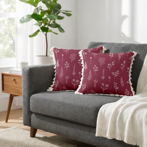 Image of STITCHNEST 'Little Meadow Series' Tassled Cushion Cover | Set of 2 | Floral Cushion Cover 24 inch x 24 inch