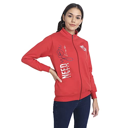 Image of Women Cotton Fleece Zipper Sweatshirt, Full Sleeves Winter Wear, Printed Banded Collar Sweatshirt for Womens