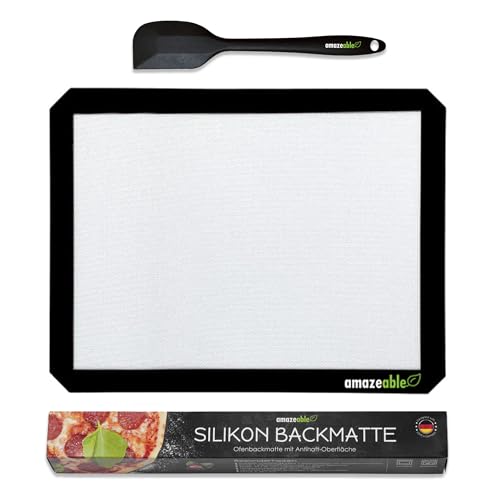 Amazeable® Silikon Backmatte für Backofen inklusive Teigspatel langlebig bis 250°C - 30x40 cm - 100% Antihaftbeschichtung - Dauerbackfolie für Backofen Backpapier wiederverwendbar