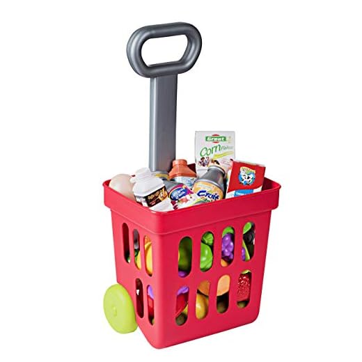 Playkidiz Mini Shopping Cart - Fill and Roll Grocery Basket - 24 Piece Small Toy Shopping Basket and Pretend Food Playset - Grocery, Kitchen and Plastic Food Toys for Toddlers - Size 17 x 8 x 6