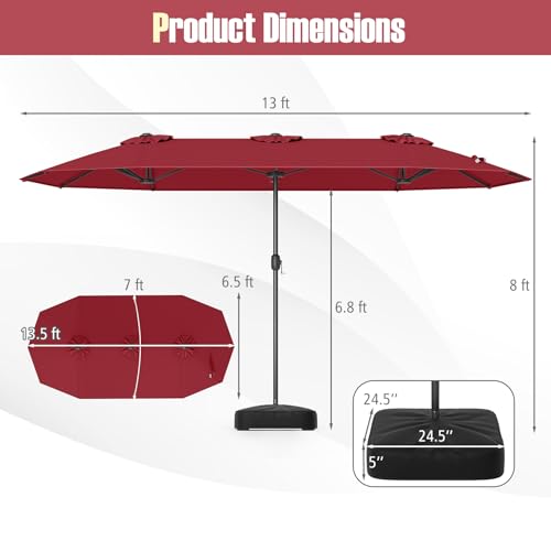 Image of Tangkula 13FT Double-sided Patio Umbrella, Extra Large Twin Table Umbrella with Crank Handle, Umbrella Base, Safety Lock, Air Vent, Outdoor Market Umbrella for Garden Pool Backyard (Burgundy)