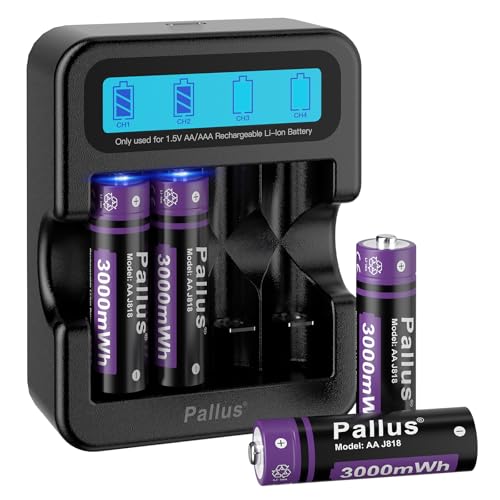 Pallus AA Rechargeable Lithium Batteries 1.5V 3000mWh with LCD Smart Charger 4 Pack Fast Charging High Capacity Li-ion AA Battery Type-C Input for Xbox X Controller Bilink Doorbell Cameras