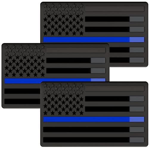 Image of Embossed 3D Metal Thin Blue Line All Black American Flag Emblem Decal Stickers (3 Pack), Matte Black 5 inch x 3 inch Patriotic USA US Flag Decals for Car, Truck, Motorcycle Honoring Police Law Enforcement