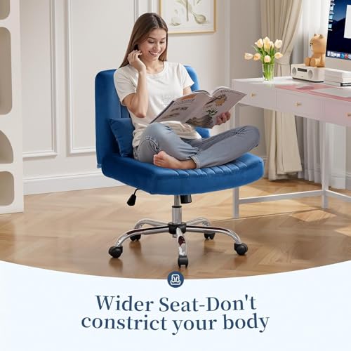 Image of Velvet Criss Cross Desk Chair with Wheels, Luxury Cross Legged Office Office, Swivel Wide Seat Vanity Chair, Armless Adjustable Height Gaming Chair Gift, Dusty (1, Royal Blue)