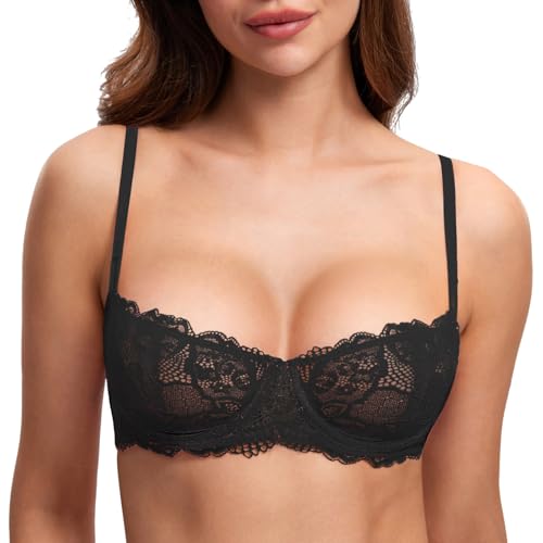 DOBREVA Women's Unlined Balconette Bra Sexy Lace Sheer Underwire Large Breasts Demi Cup Black 34D