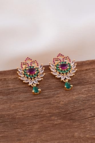 Image of Radha's Creations brass Ruby Emerald stud earrings one gram gold for women and girls one gram gold
