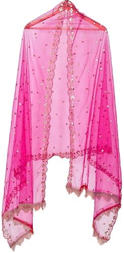 YOUTHQUAKE Plastic Mirror Emboridered Net Dupatta for Womens & Girls With Fancy Cut Design with Lace (Rani Pink) 2.25 Meter