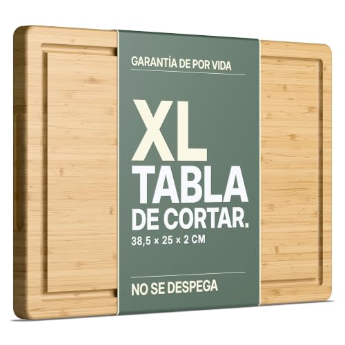 LARHN Tabla de Cortar Cocina Madera - Bambú, 38x25x2 cm - Asa y Canal | Macizo Veta Vertical, Reversible, Pre-aceitada, Sin Plástico, para Carne, Verdura, Pan y Queso