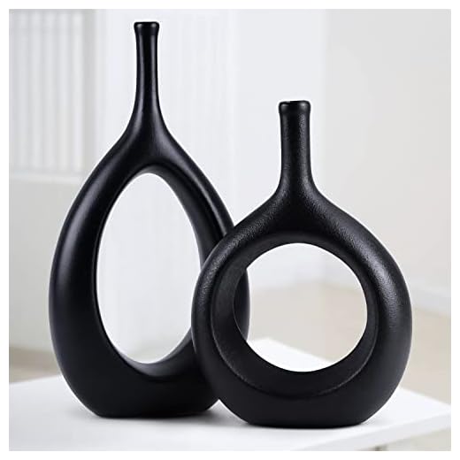 Jarrón de Cerámica para la Hierba de Las Pampas 2PCS Negro, Jarrones Decoración Moderno Donut Florero, para Cocina Dormitorio Sala de Estar Estantería Mesa de Comedor Oficina Regalo