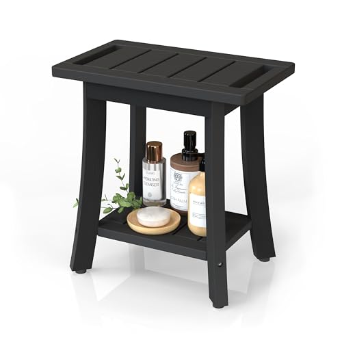Waterproof Shower Benches for Inside Shower Poly Lumber Shower Stool with Storage Shelf & Adjustable Feet SPA Bathroom Seat Chair for Shaving Legs Indoor or Outdoor Use Black