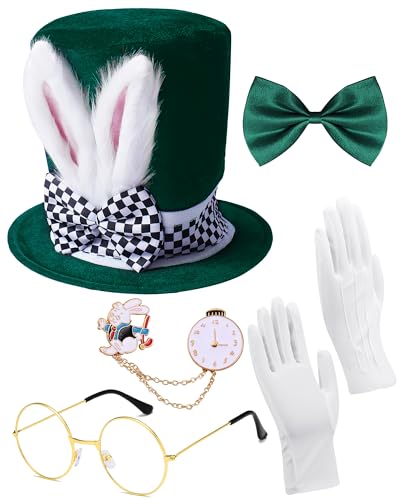 QLINLEAF White Rabbit Costume Mad Hatter Set Bunny Ear Top Hat Rabbits Ears Topper Plush Hat for Easter Halloween Cosplay Accessories