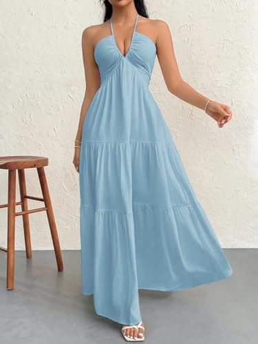 Image of Narecte Women's Maxi Summer Dresses Halter V Neck Beach Dresses for Women A-Line Casual Dress for Vacation
