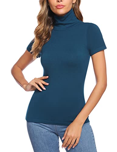 Totatuit Suéter de Cuello Alto Mujer Manga Corta Camiseta Cuello Alto Primavera Elegante Top Turtleneck Pullover Manga Corta para Mujer Ligero Otoño Azul S