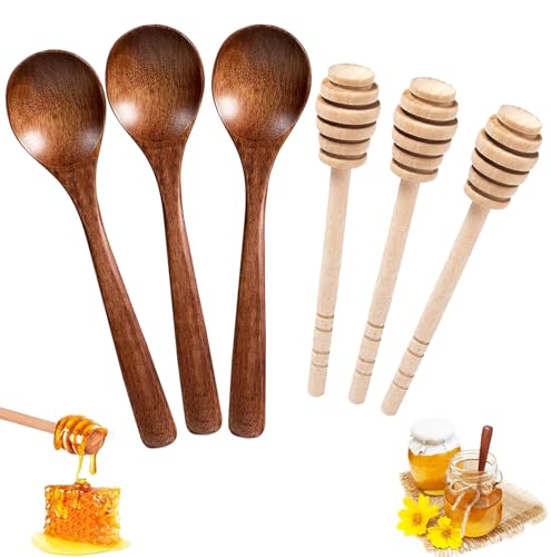 6Pcs Honey Spoons Set, Honey Dipper Sticks, Wooden Honey Mixing Stirrer, Sturdy Wooden Honey Spoon, 3 Small Wooden Spoons and 3 Mixing Sticks for Honey Jar Dispensing and Kitchen Use