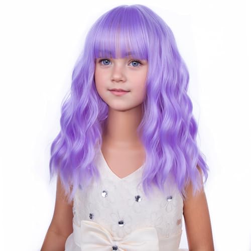Image of PATTNIUM Kids Purple Wig Short Wavy Wig with Bangs Girls Purple Wigs Synthetic Cosplay Halloween Party Costume Wigs