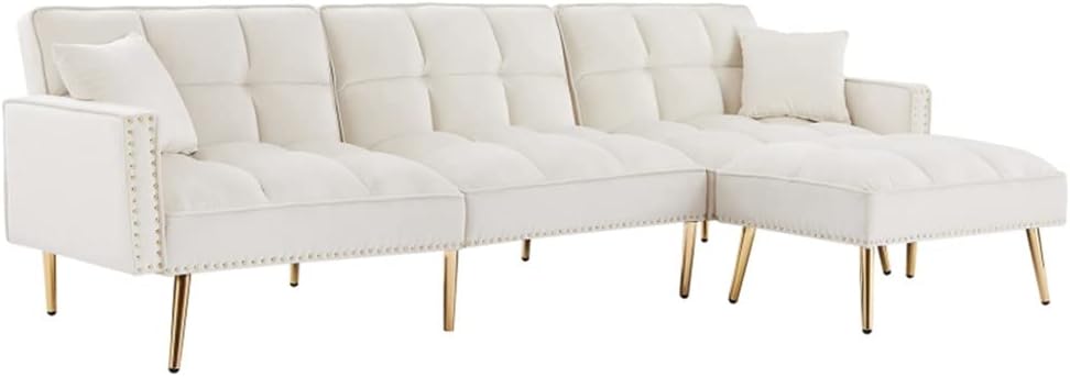 Velvet Upholstered Reversible Sectional Sofa Bed, L-Shaped Couch with Movable Ottoman for Living Room