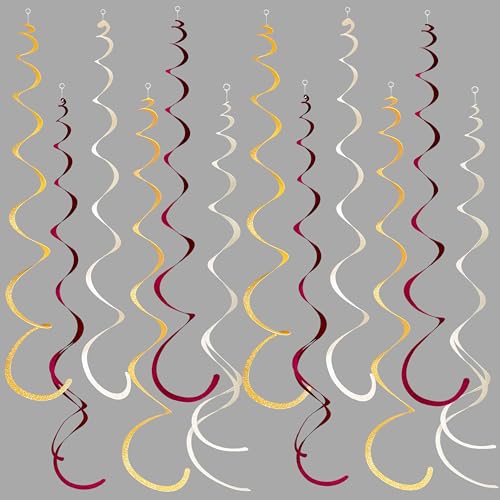 Image of 36 Pcs Maroon Gold Hanging Swirl Decorations Glitter Gold Burgundy Beige Felt Swirl Streamer Spiral Ceiling Garland for Birthday Graduation Wedding Shower Retirement Anniversary Garnet Party