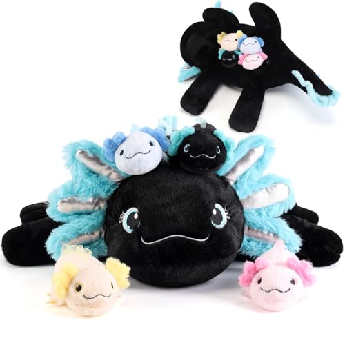 Image of gnomantic Axolotl Stuffed Animals with Babies Inside, Mommy Toy for Kids | 5-Piece set: 1 mommy axolotl + 4 baby axolotls inside. Unzip belly to reveal surprise babies. Ultra-soft, ages 3-8.