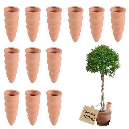 EXLECO 12 × 100ml Tonkegel Bewässerung Gewindetyp Pflanzen Bewässerungskegel Pflanzen Wasserspender Ton Automatische Bewässerung Zimmerpflanzen Gießkegel Bewässerungssystem für Balkonkästen Klein