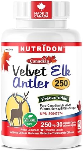Nutridom Velvet Elk Antler 250mg, 100% Canadian, Freeze-Dried, Non-GMO, NO Additives, Gluten Free, Made in Canada (30 Veggie Capsules)