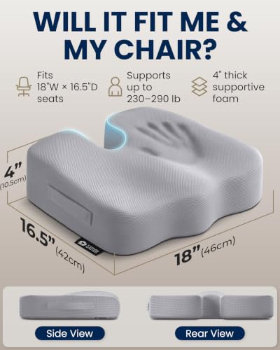 Image of 5 STARS UNITED Seat Cushion - Memory Foam Chair Cushion for Tailbone Pain Relief - Ergonomic Support for Coccyx, Sciatica & Butt - Office, Desk & Gaming Chair, Car Seat, Wheelchair, Airplane, L Gray