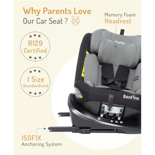 Image of Bonfino Premium Pro Shield Convertible Car Seat for Baby, 360 Degree Rotatable Seat, Memory Foam Headrest, ISOFIX System, Rear Facing Support, Newborn to Toddler, Safety Certified Design (Grey)