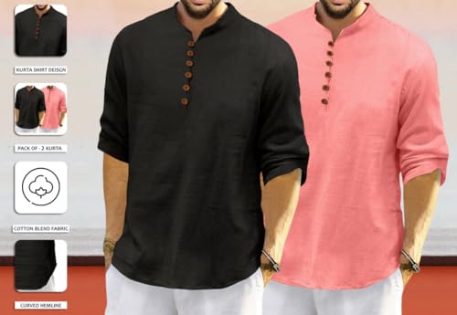 Image of ROYALSCOUT Men's Cotton Polyester Blend Solid Regular Fit Full Sleeve Short Kurta | Ethnic, Lightweight Summer Kurta for Daily & Occasion Use