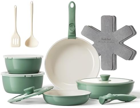 Redchef Pfannenset Topfsets 16-Teilig Antihaft-Keramik-Kochgeschirr-Set mit Abnehmbaren Griff, Pfanne 20/26cm, Tiefe Bratpfanne 26cm, Topf 18/20cm, Stapelbar Topfset Für alle Herda