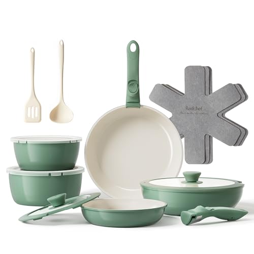 Redchef 16pcs Ceramic Pots and Pans Set Non Stick, Nonstick Ceramic Cookware Set with Detachable Handle, Non Toxic, PFAS PFOA & PTFE Free RV Cookware for Camping, Dishwasher/Oven Safe (Green)