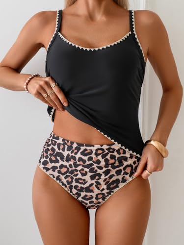 Image of Eomenie Tankini Swimsuit for Women Tummy Control Ruched Two Piece Bathing Suits High Waisted Shell Stitch Swimwear