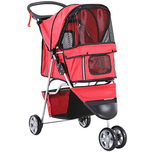 PawHut Poussette buggy pliable animaux, chariot pliant chien chat, porte-gobelet panier de rangement inclus, roues avec frein, tissu 600D Oxford acier, 75 x 45...