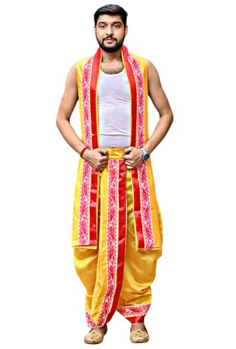 Image of Men's Ethnic | Traditional Ready to wear (Pant System) Readymade Panchakacham Dhoti With Angavastram(Towel) Set, Tassar Silk, Free Size (GC002)