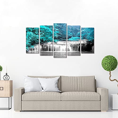 Welmeco Large Landscape Black White Teal Blue Forest Waterfall Canvas Wall Art Tree Nature Picture Prints Gallery Wrapped Ready To Hang For Living Room Office #TOP1