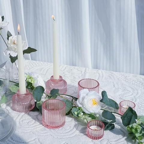 VOHO Set of 6 Pink Taper Candle Holders & Votive Candle Holders Versatile Combination, Pink Ribbed Candle Holder for Baby Shower Decorations Party, Glass Candle Holder for Anniversary/Birthday Gifts Cover
