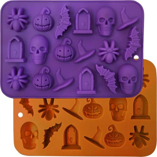 Image of Halloween Molds Silicone for Chocolate 2 Pack, 3D Halloween Chocolate Candy Gummy Mold Skull Pumpkin Bat Ghost Witch Hat Spider tombstone Shapes Mold